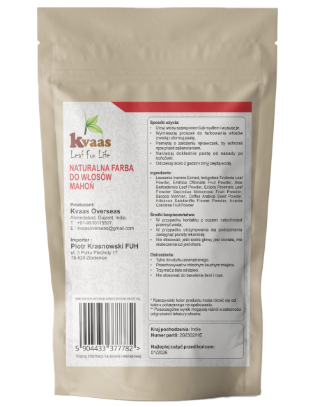 KVAAS NATURALNA ZIOŁOWA FARBA HENNA DO WŁOSÓW MAHOŃ MAHOGANY 100g