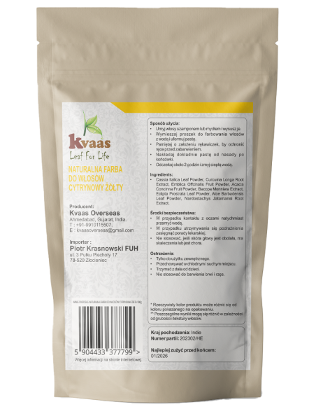 KVAAS NATURALNA ZIOŁOWA FARBA HENNA DO WŁOSÓW CYTRYNOWY ŻÓŁTY BLOND 100g